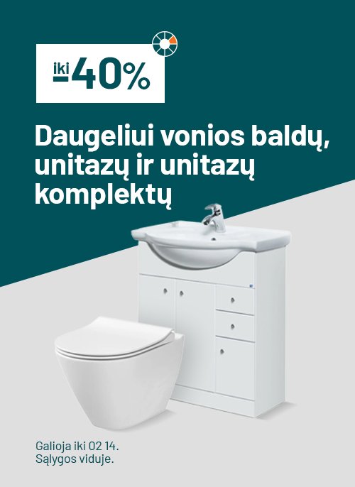 iki -40% Daugeliui vonios baldų, unitazų ir unitazų komplektų su potinkiniais rėmais