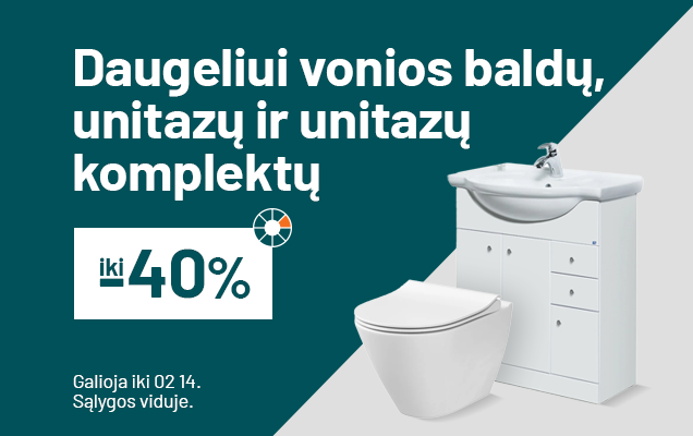 iki -40% Daugeliui vonios baldų, unitazų ir unitazų komplektų su potinkiniais rėmais